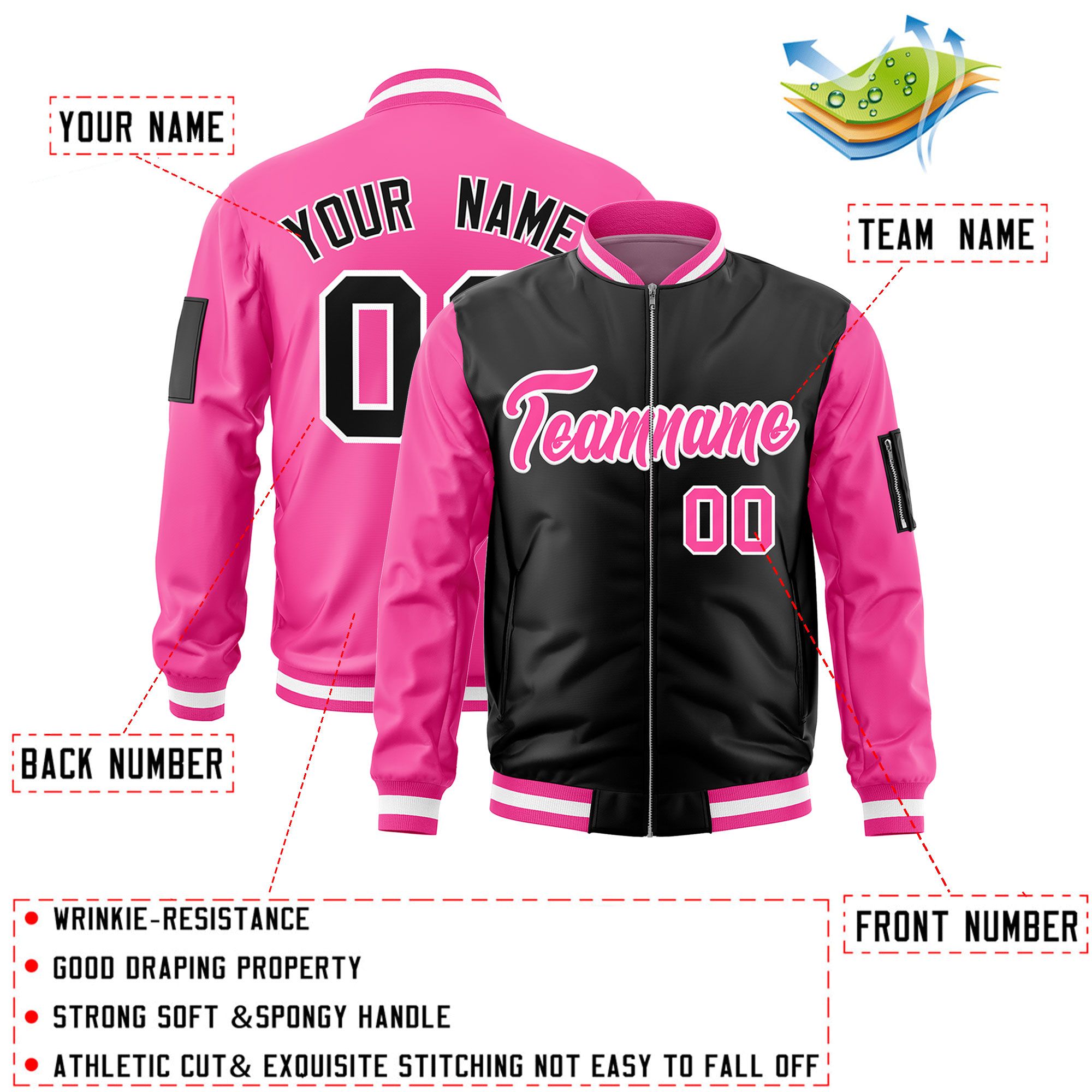 Custom Black Pink Varsity Full-Zip Two-Tone Letterman Bomber Jacket