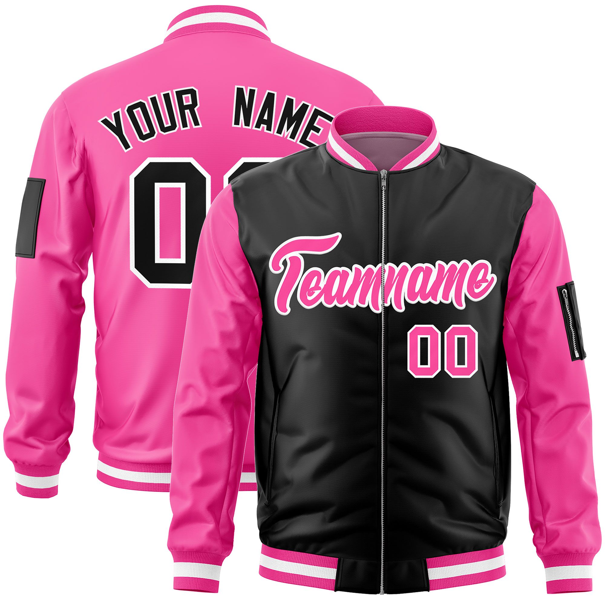 Custom Black Pink Varsity Full-Zip Two-Tone Letterman Bomber Jacket