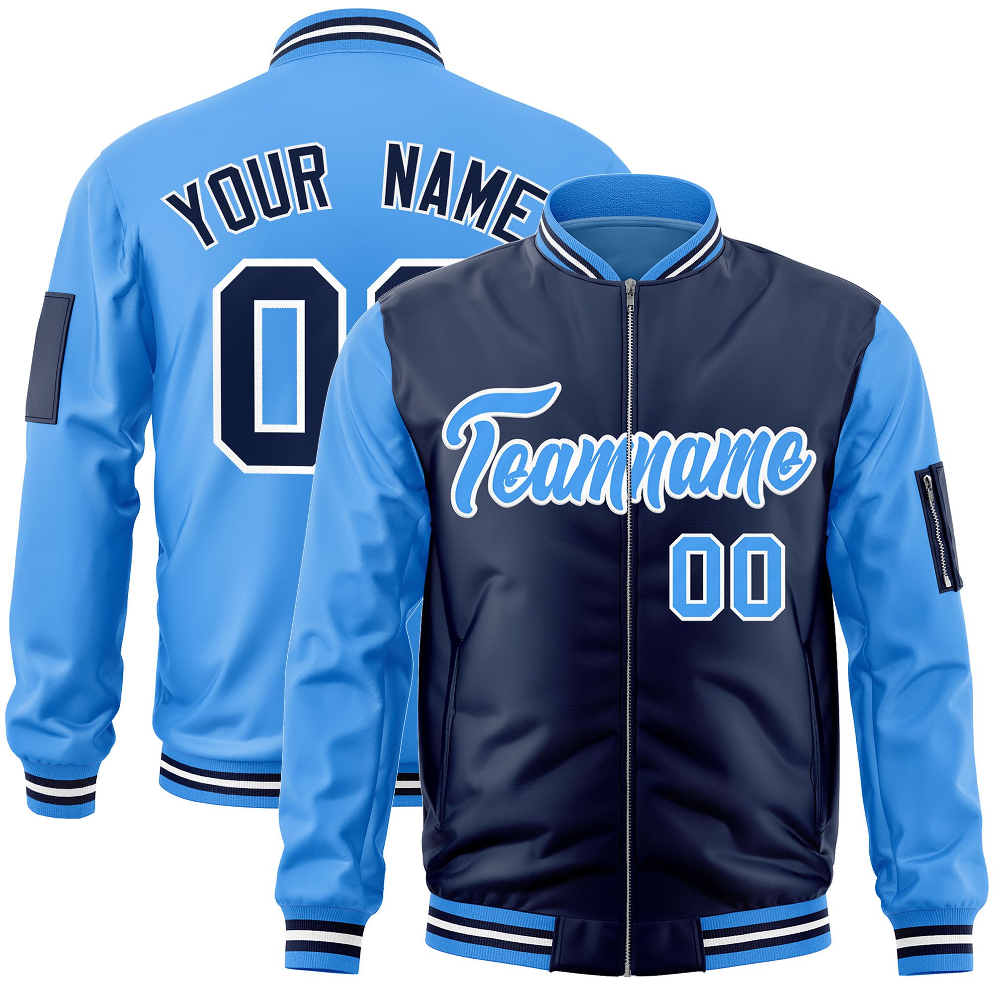 Custom Navy Powder Blue Varsity Full-Zip Two-Tone Letterman Bomber Jacket