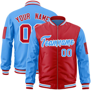 Custom Red Powder Blue Varsity Full-Zip Two-Tone Letterman Bomber Jacket