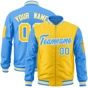 Custom Gold Powder Blue Varsity Full-Zip Two-Tone Letterman Bomber Jacket