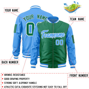 Custom Kelly Green Powder Blue Varsity Full-Zip Two-Tone Letterman Bomber Jacket