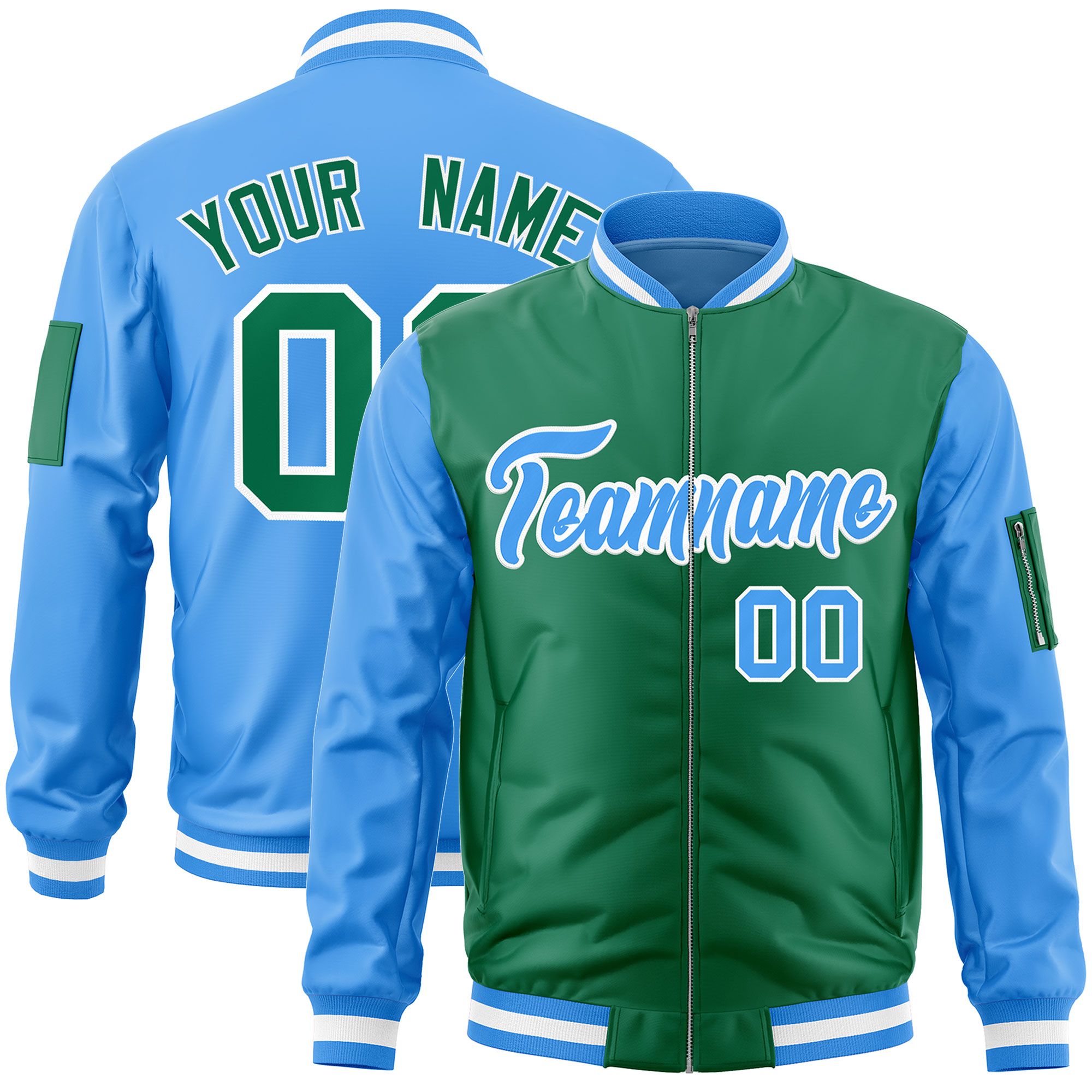 Custom Kelly Green Powder Blue Varsity Full-Zip Two-Tone Letterman Bomber Jacket