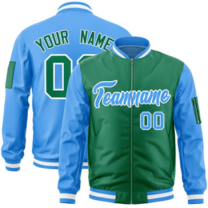 Custom Kelly Green Powder Blue Varsity Full-Zip Two-Tone Letterman Bomber Jacket