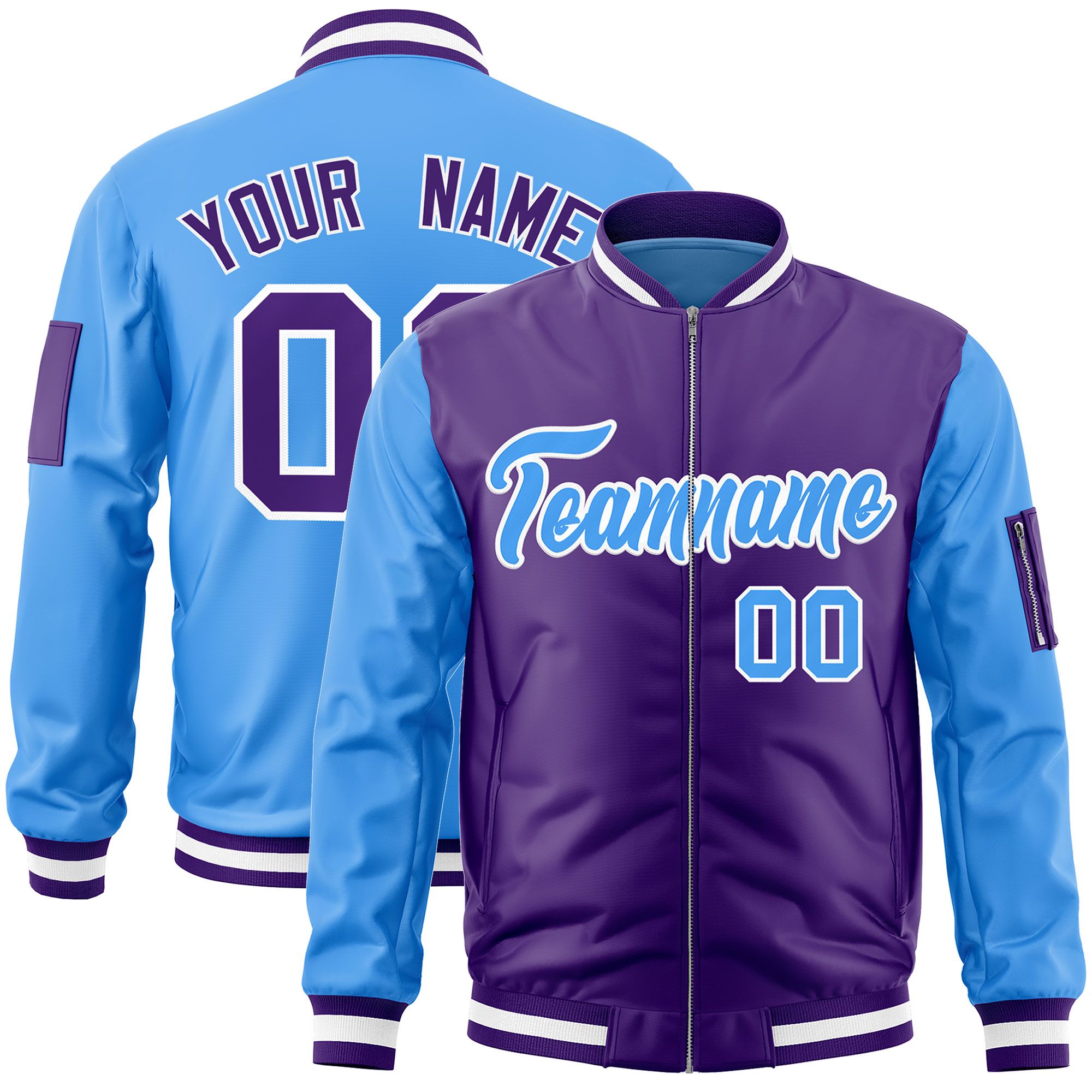 Custom Purple Powder Blue Varsity Full-Zip Two-Tone Letterman Bomber Jacket