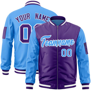 Custom Purple Powder Blue Varsity Full-Zip Two-Tone Letterman Bomber Jacket