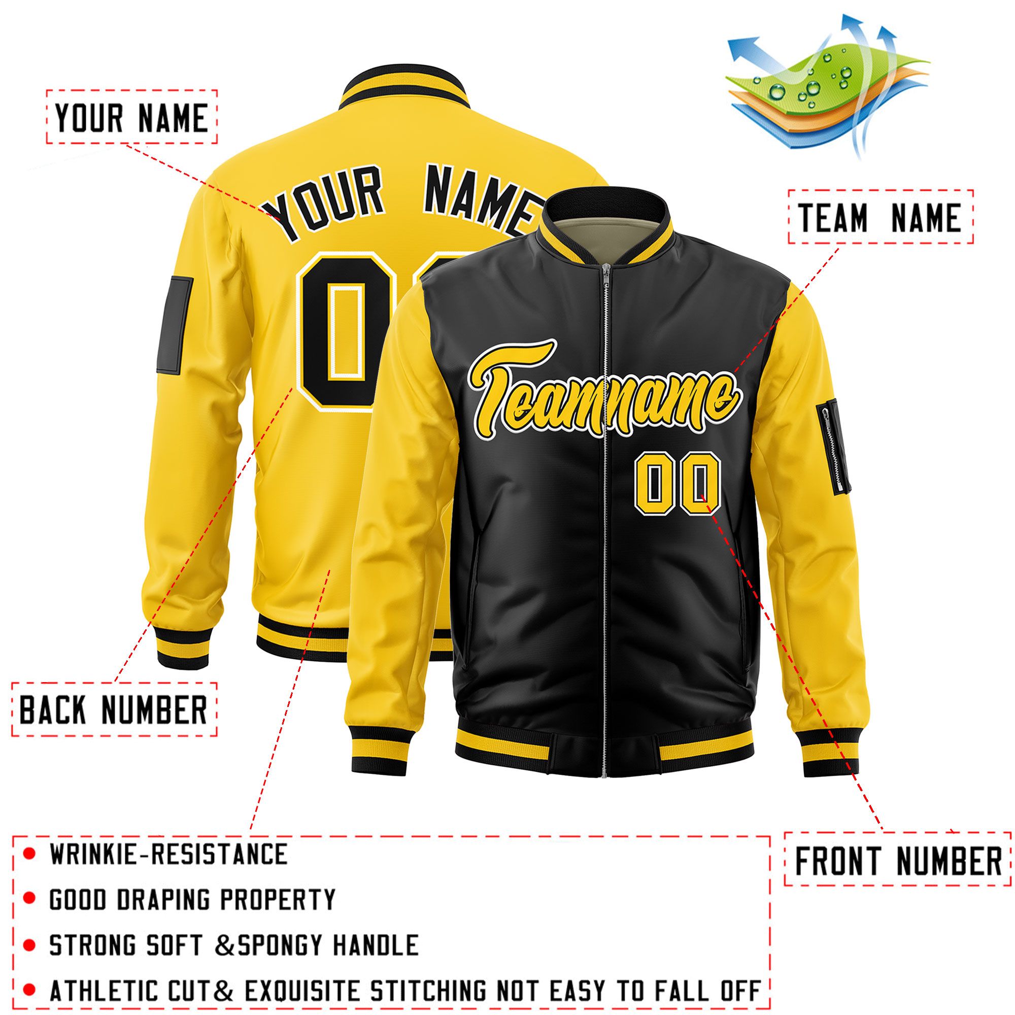 Custom Black Gold Varsity Full-Zip Two-Tone Letterman Bomber Jacket