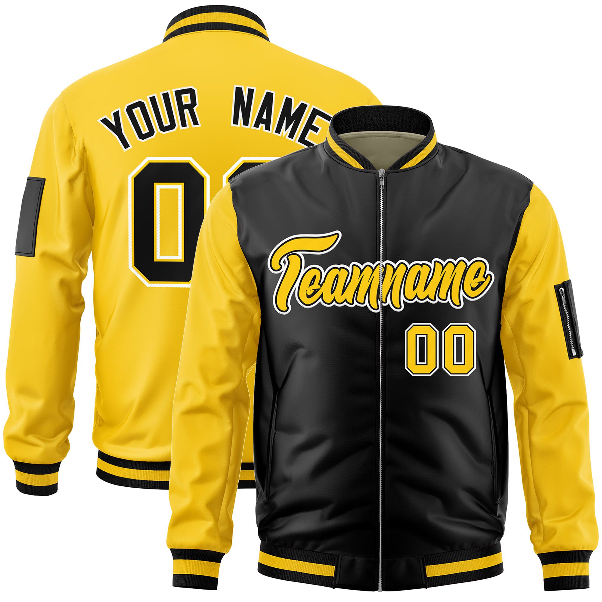 Custom Black Gold Varsity Full-Zip Two-Tone Letterman Bomber Jacket