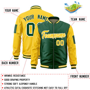 Custom Green Gold Varsity Full-Zip Two-Tone Letterman Bomber Jacket