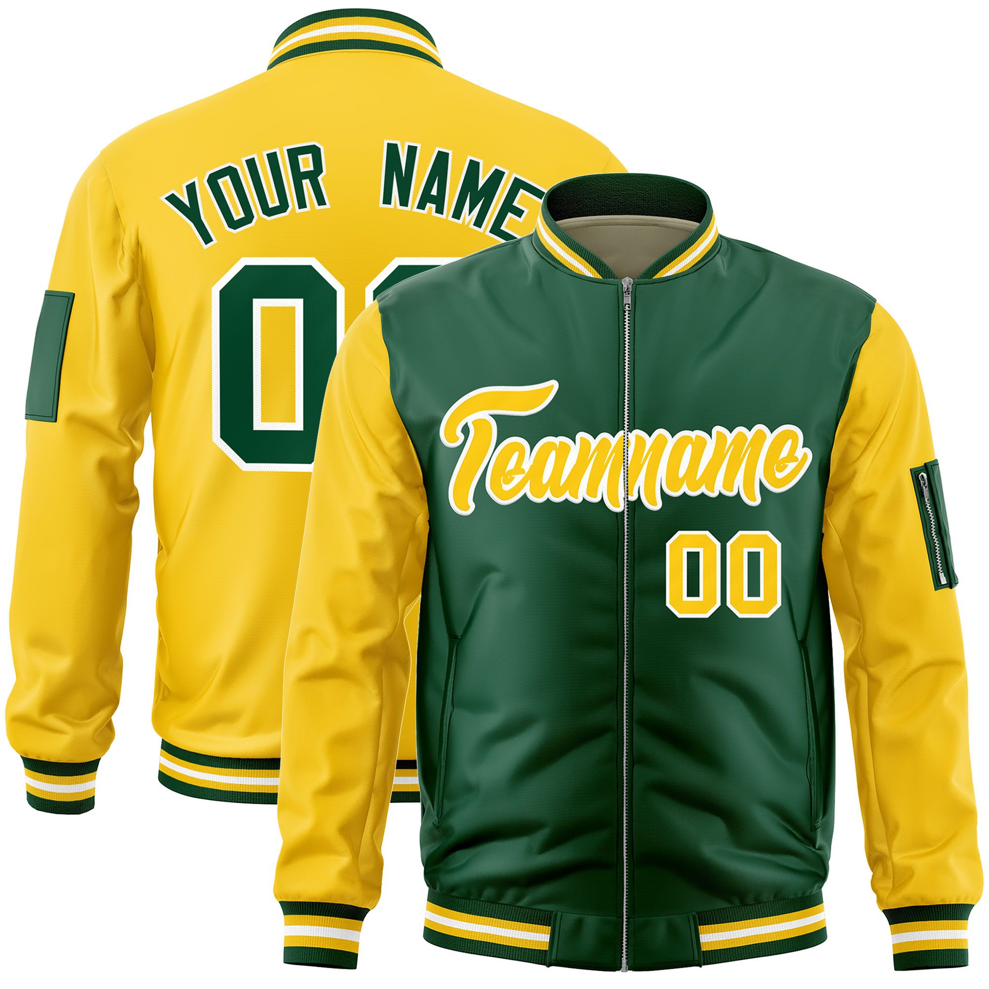 Custom Green Gold Varsity Full-Zip Two-Tone Letterman Bomber Jacket