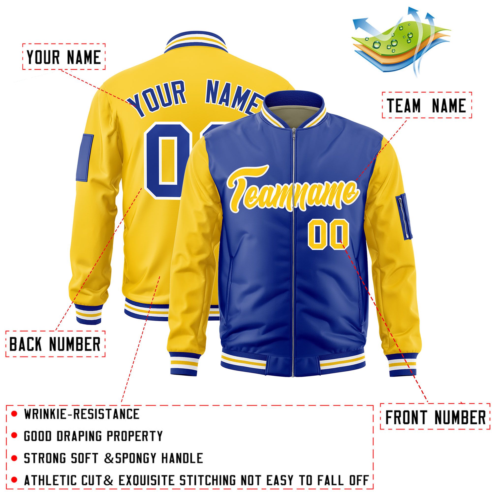 Custom Royal Gold Varsity Full-Zip Two-Tone Letterman Bomber Jacket