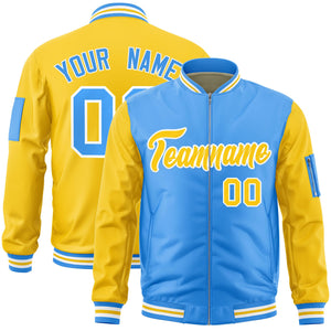 Custom Powder Blue Gold Varsity Full-Zip Two-Tone Letterman Bomber Jacket