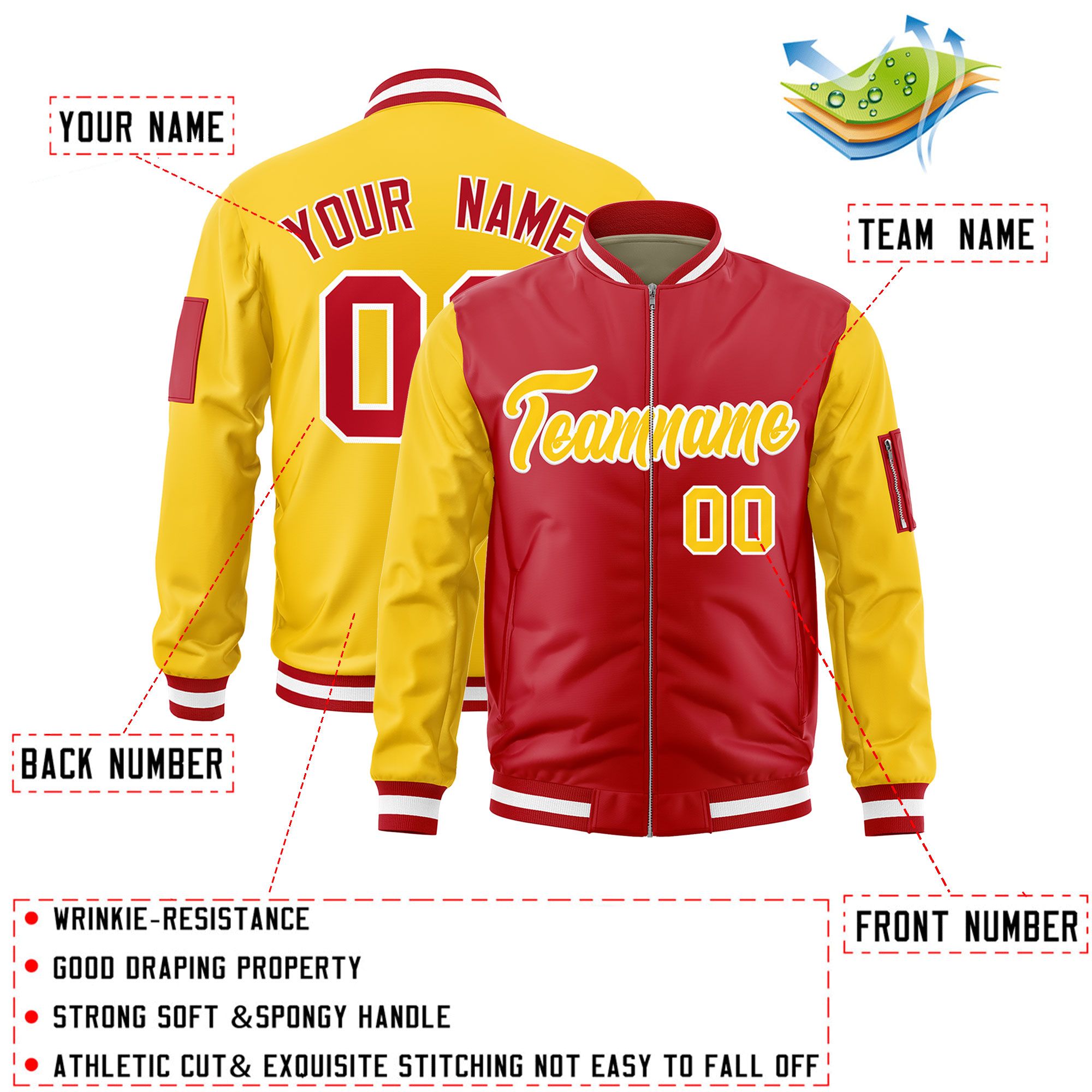 Custom Red Gold Varsity Full-Zip Two-Tone Letterman Bomber Jacket