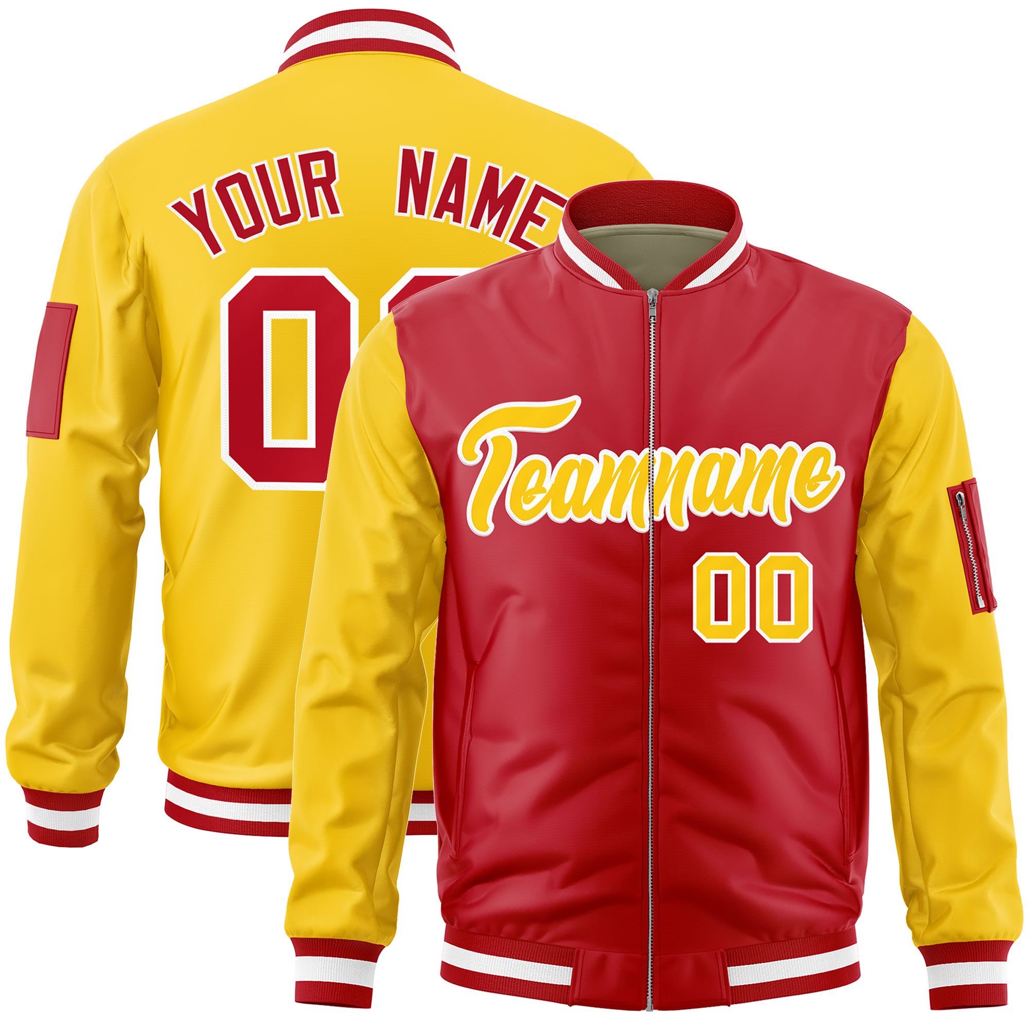 Custom Red Gold Varsity Full-Zip Two-Tone Letterman Bomber Jacket