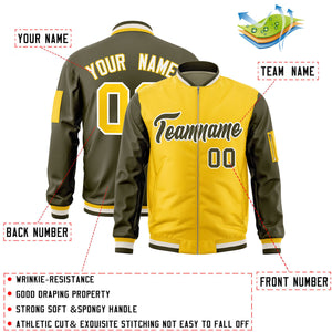 Custom Gold Olive Varsity Full-Zip Two-Tone Letterman Bomber Jacket