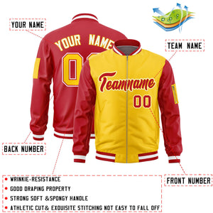 Custom Gold Red Varsity Full-Zip Two-Tone Letterman Bomber Jacket