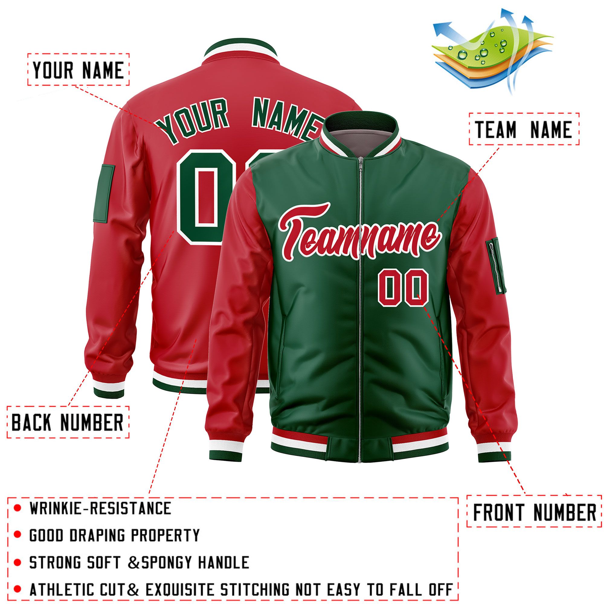 Custom Green Red Varsity Full-Zip Two-Tone Letterman Bomber Jacket