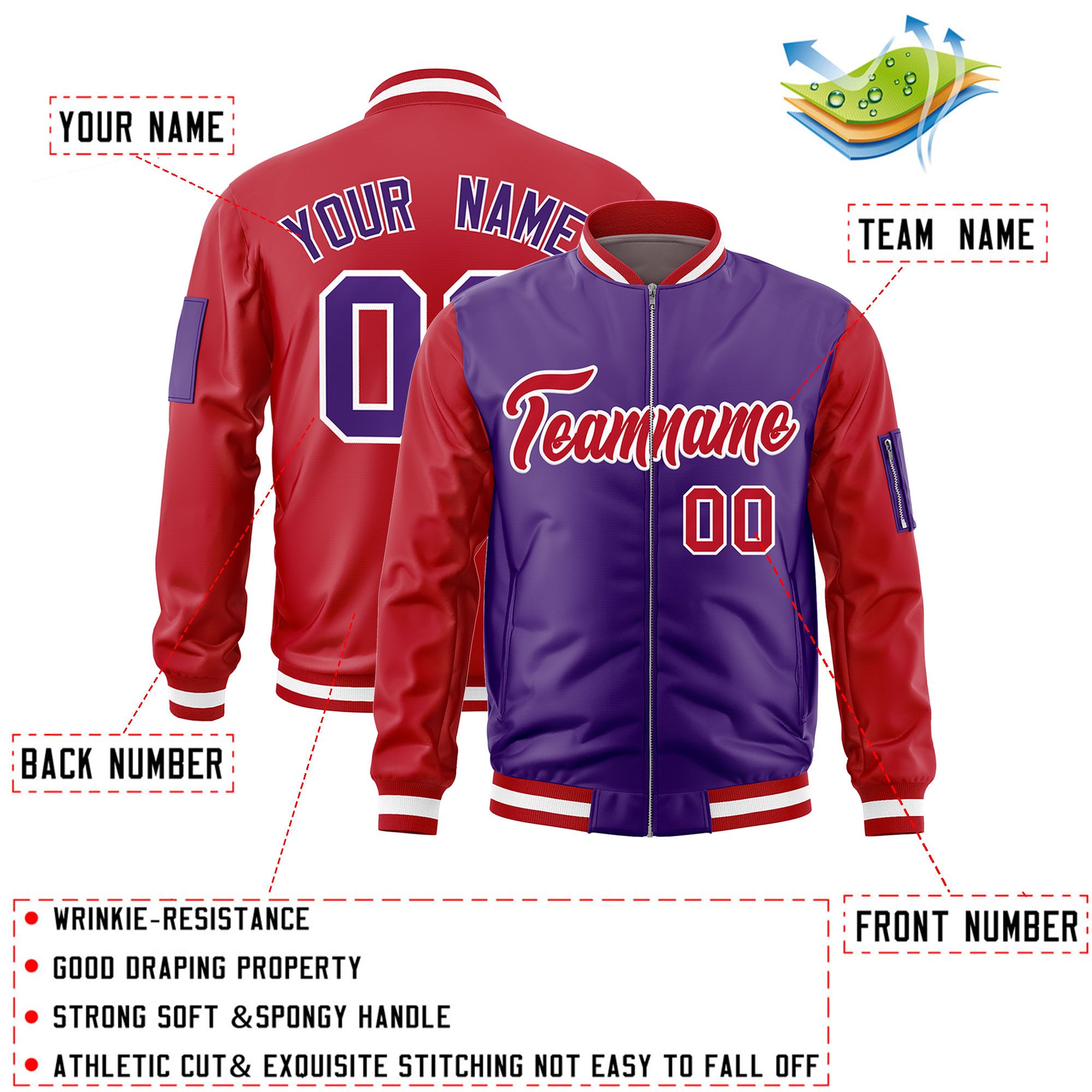 Custom Purple Red Varsity Full-Zip Two-Tone Letterman Bomber Jacket