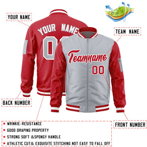 Custom Gray Red Varsity Full-Zip Two-Tone Letterman Bomber Jacket