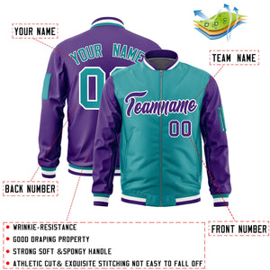 Custom Aqua Purple Varsity Full-Zip Two-Tone Letterman Bomber Jacket