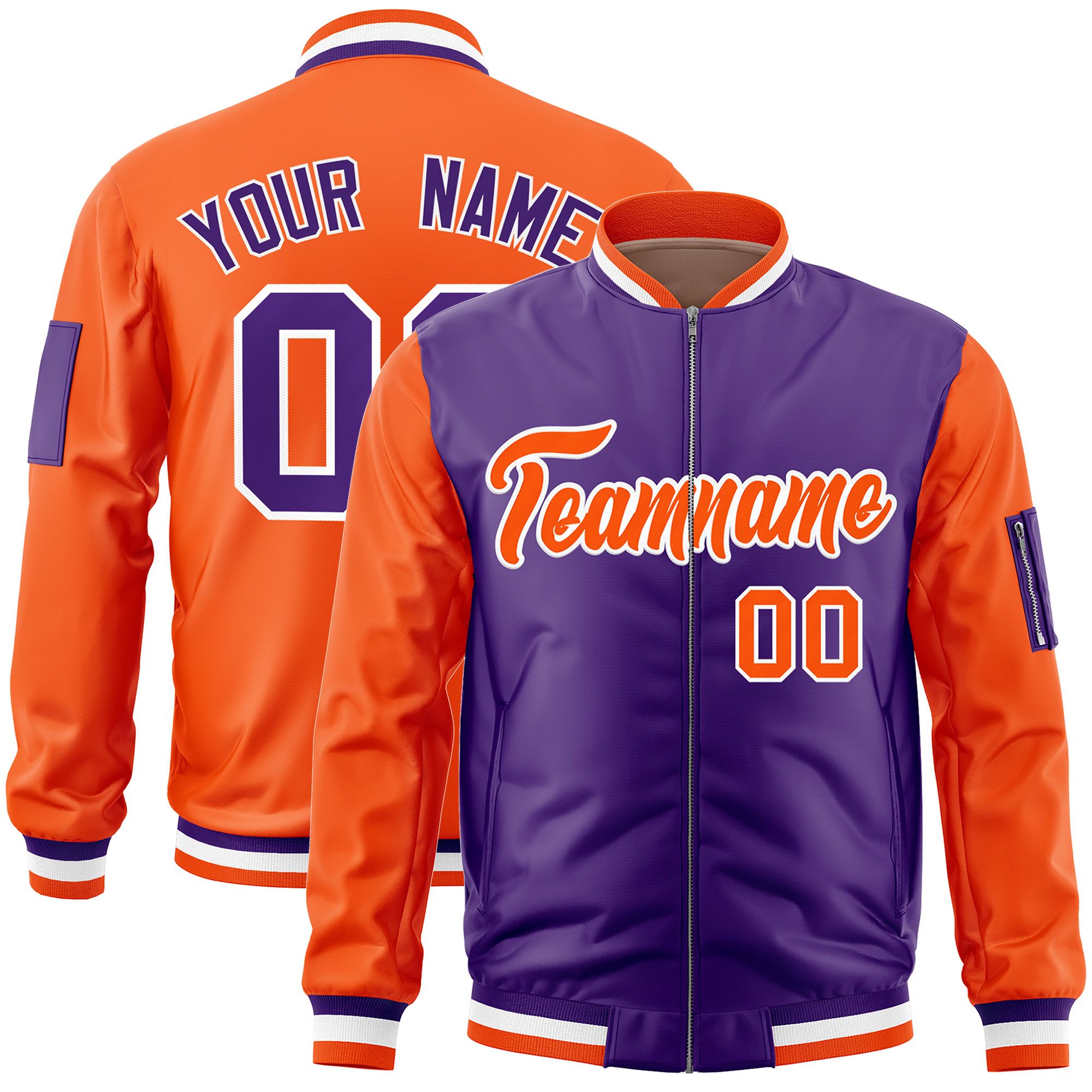 Custom Purple Orange Varsity Full-Zip Two-Tone Letterman Bomber Jacket