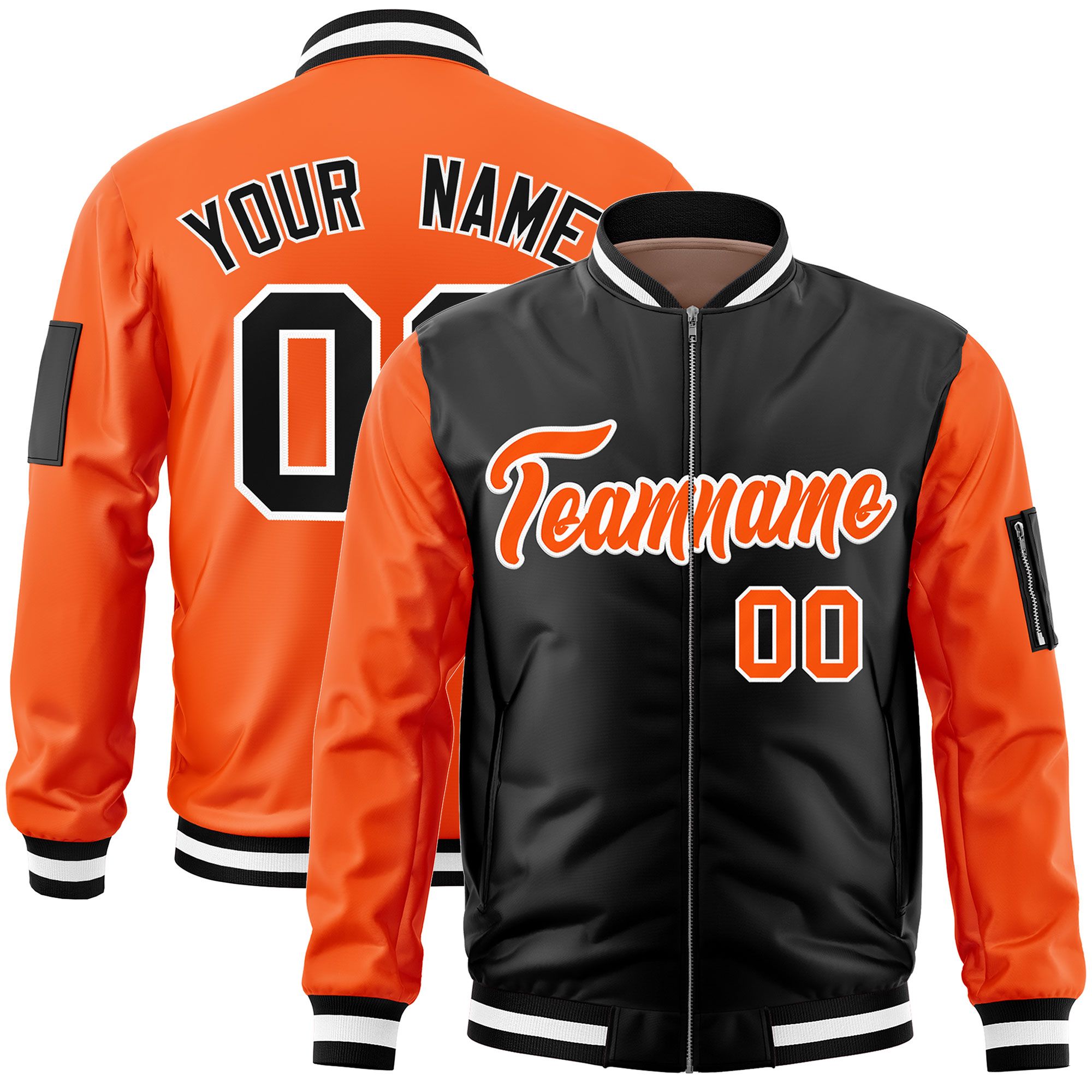 Custom Black Orange Varsity Full-Zip Two-Tone Letterman Bomber Jacket