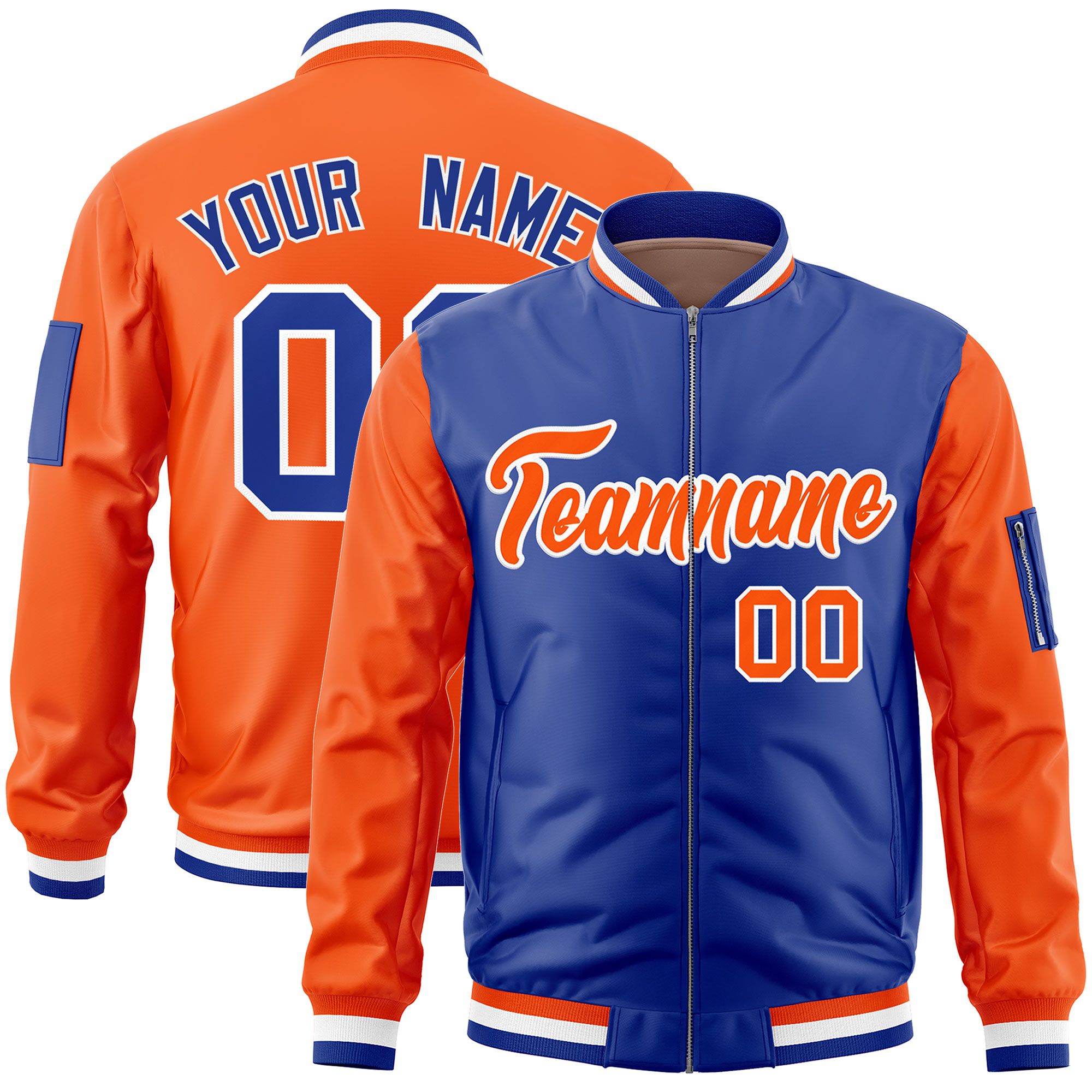 Custom Royal Orange Varsity Full-Zip Two-Tone Letterman Bomber Jacket