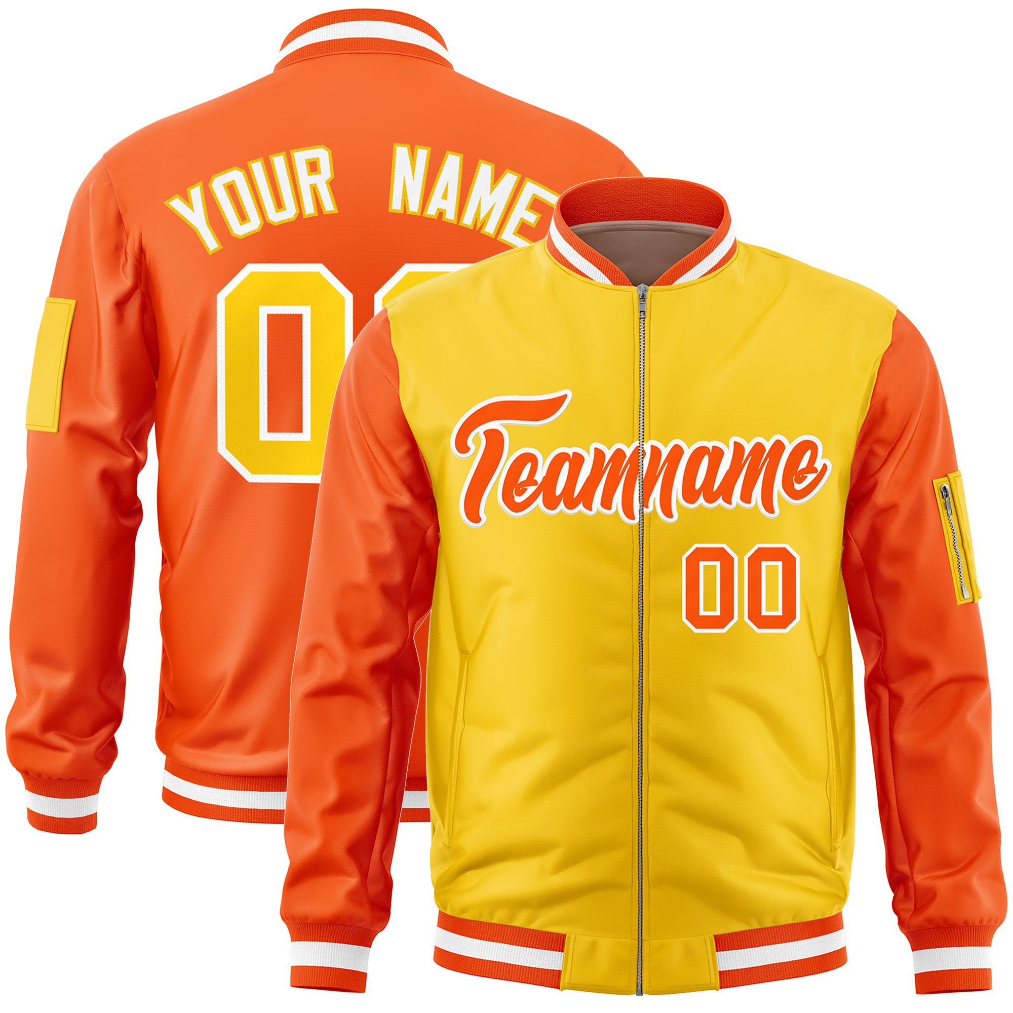 Custom Gold Orange Varsity Full-Zip Two-Tone Letterman Bomber Jacket