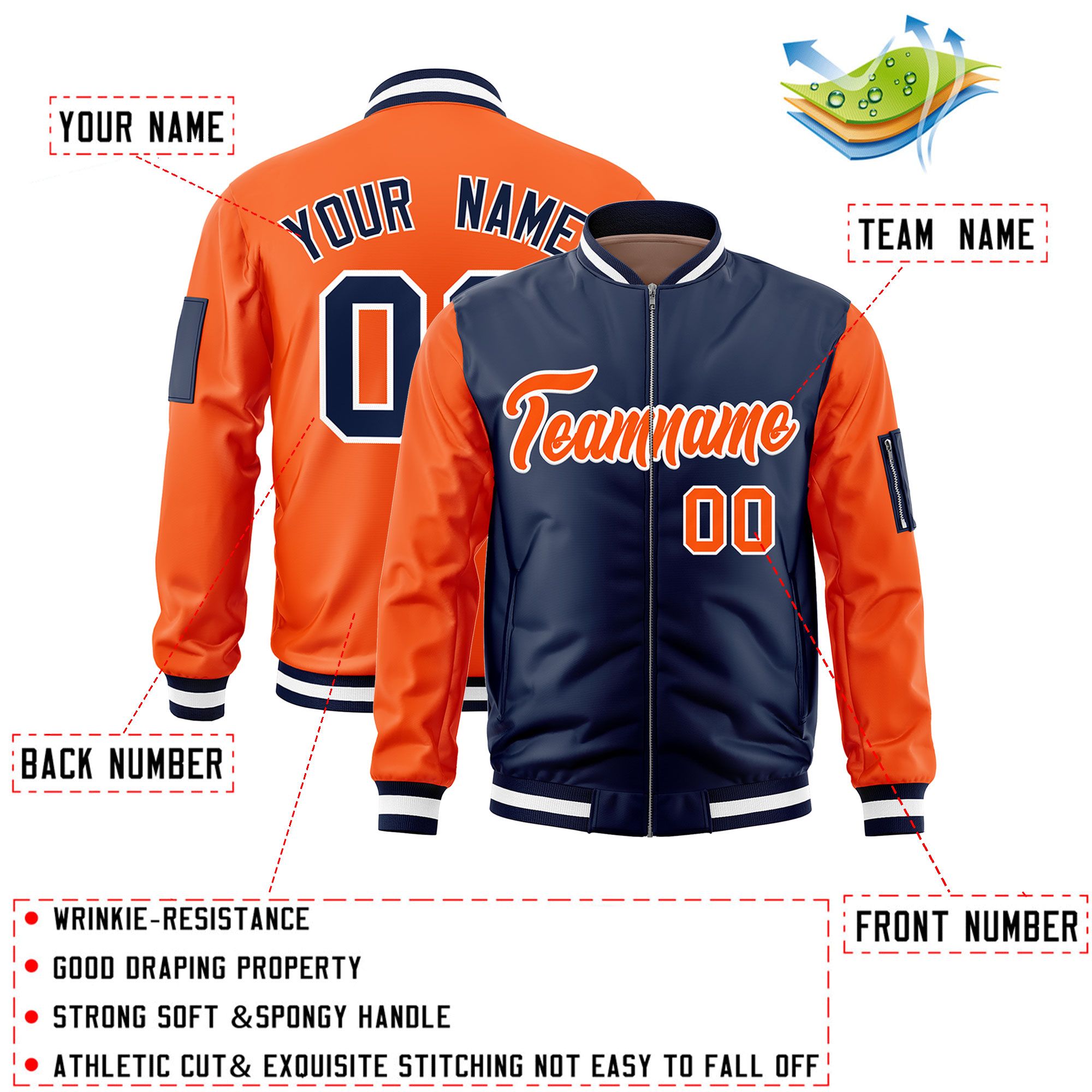 Custom Navy Orange Varsity Full-Zip Two-Tone Letterman Bomber Jacket