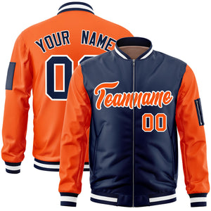 Custom Navy Orange Varsity Full-Zip Two-Tone Letterman Bomber Jacket