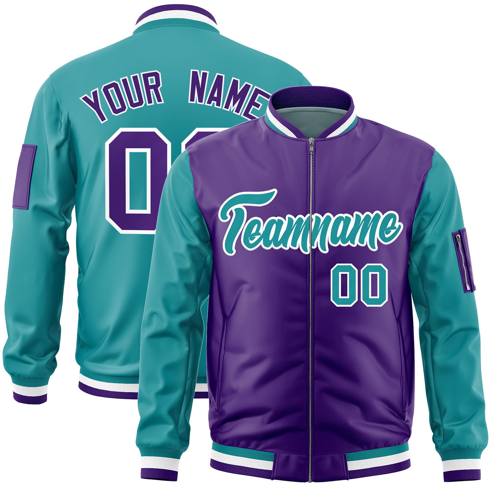 Custom Purple Aqua Varsity Full-Zip Two-Tone Letterman Bomber Jacket