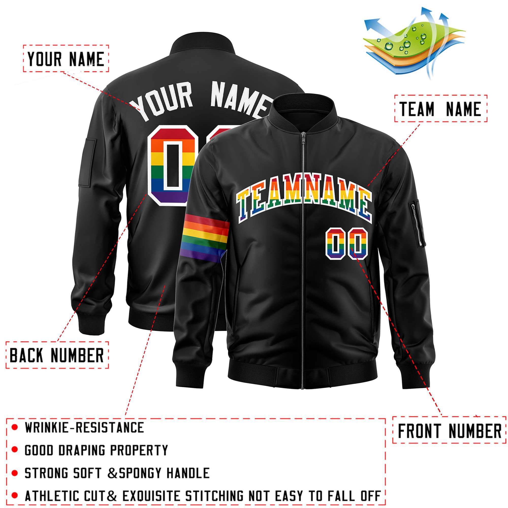 Custom Black LGBT Rainbow For Pride Month Classic Style Letterman Bomber Jacket