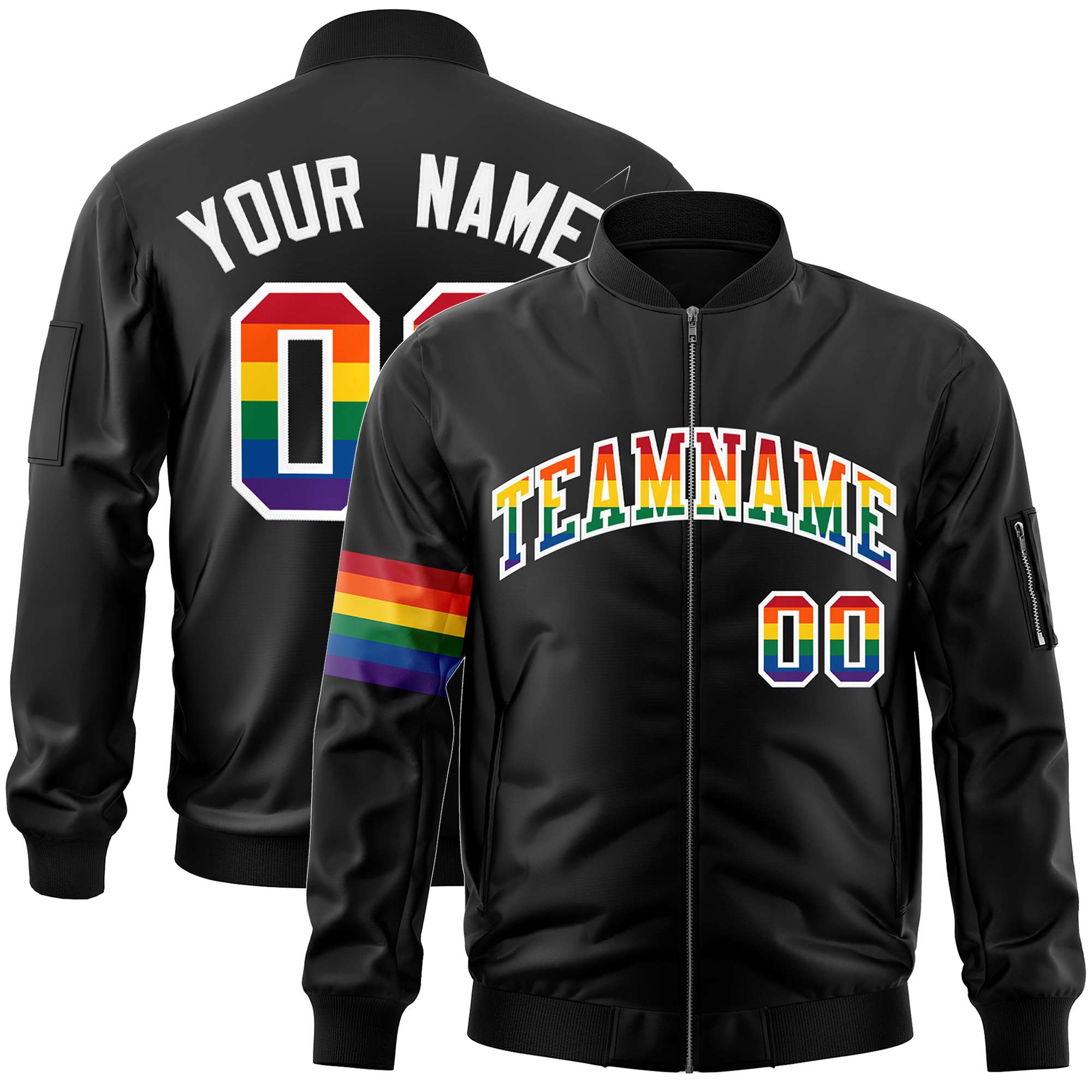 Custom Black LGBT Rainbow For Pride Month Classic Style Letterman Bomber Jacket