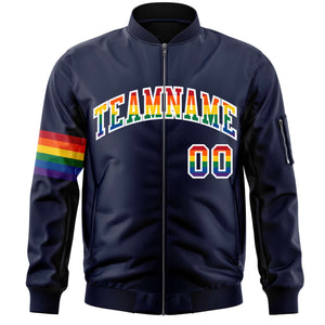 Custom Navy LGBT Rainbow For Pride Month Classic Style Letterman Bomber Jacket