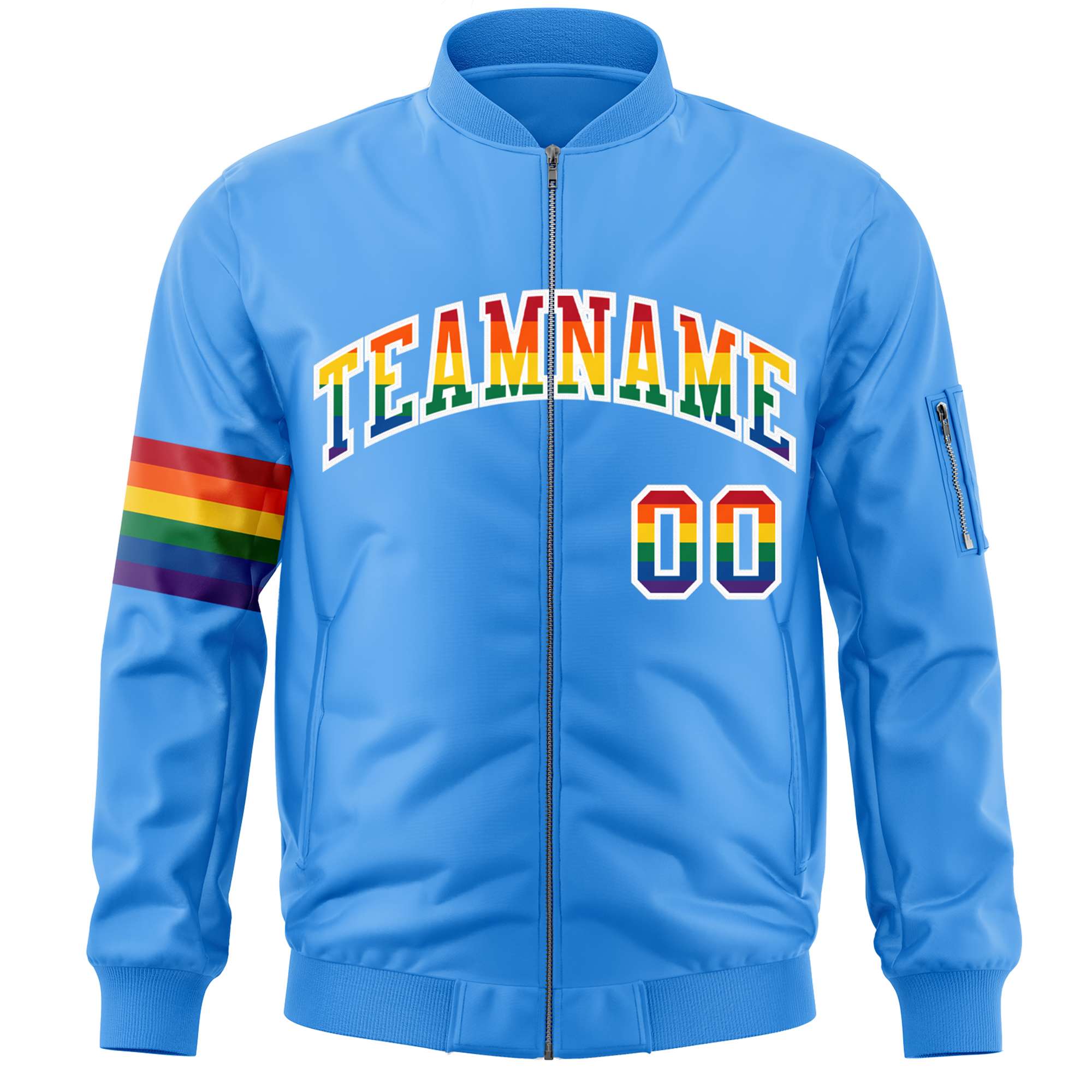 Custom Powder Blue LGBT Rainbow For Pride Month Classic Style Letterman Bomber Jacket