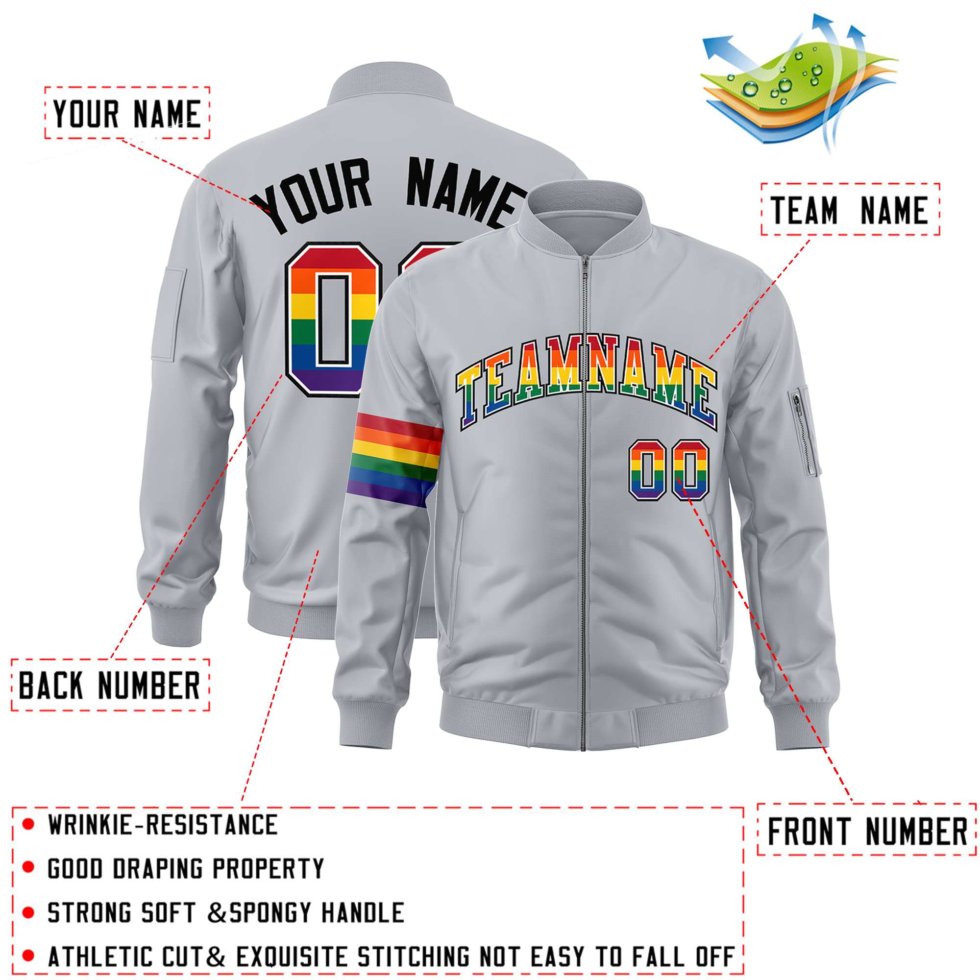 Custom Light Gray LGBT Rainbow For Pride Month Classic Style Letterman Bomber Jacket