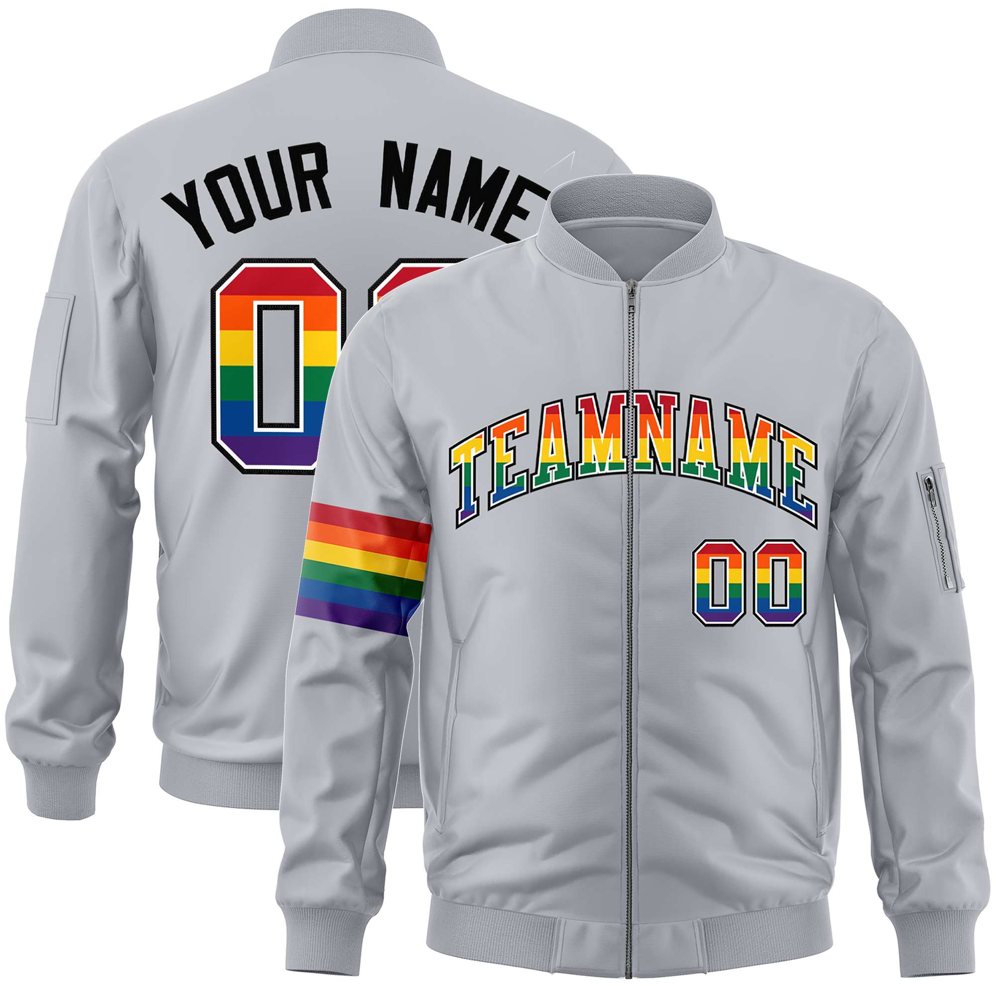 Custom Light Gray LGBT Rainbow For Pride Month Classic Style Letterman Bomber Jacket