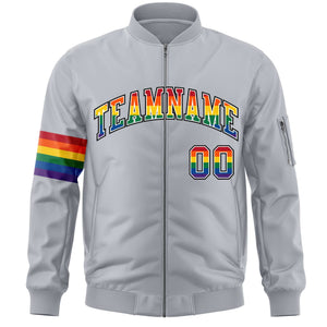 Custom Light Gray LGBT Rainbow For Pride Month Classic Style Letterman Bomber Jacket