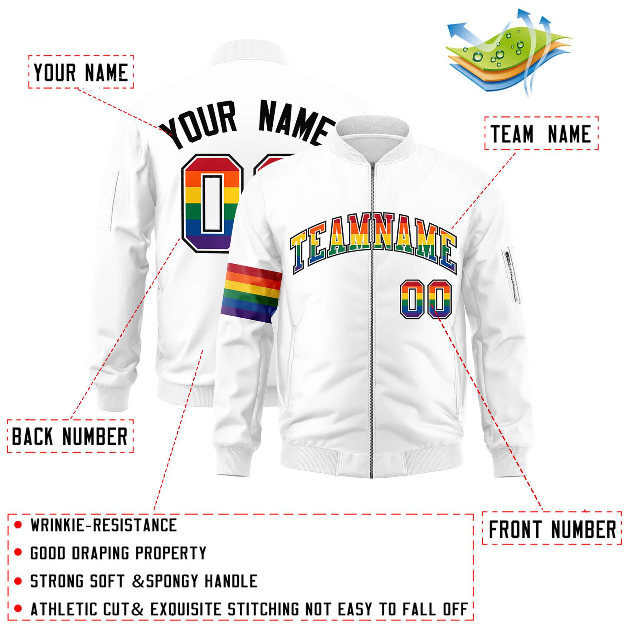 Custom White LGBT Rainbow For Pride Month Classic Style Letterman Bomber Jacket