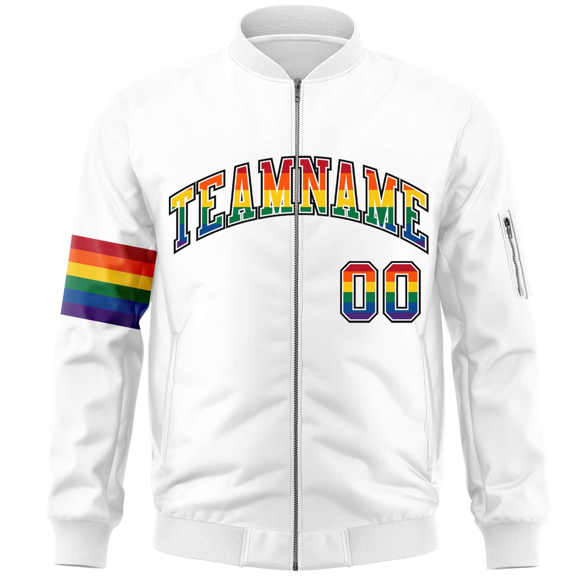 Custom White LGBT Rainbow For Pride Month Classic Style Letterman Bomber Jacket