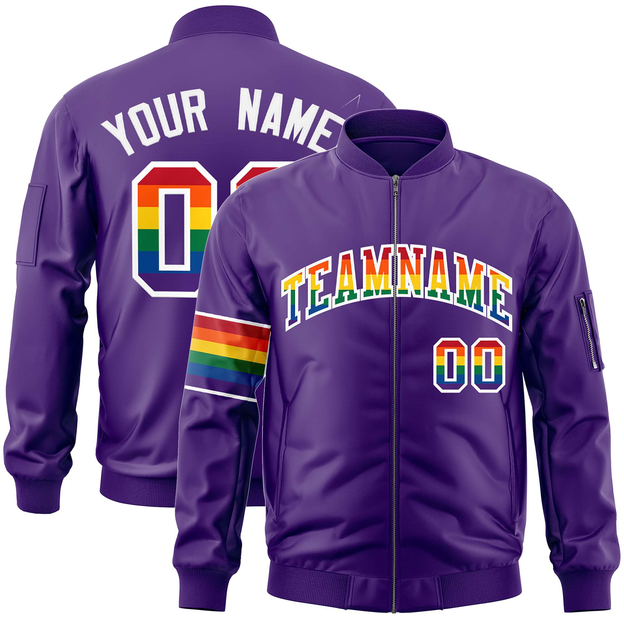 Custom Purple LGBT Rainbow For Pride Month Classic Style Letterman Bomber Jacket