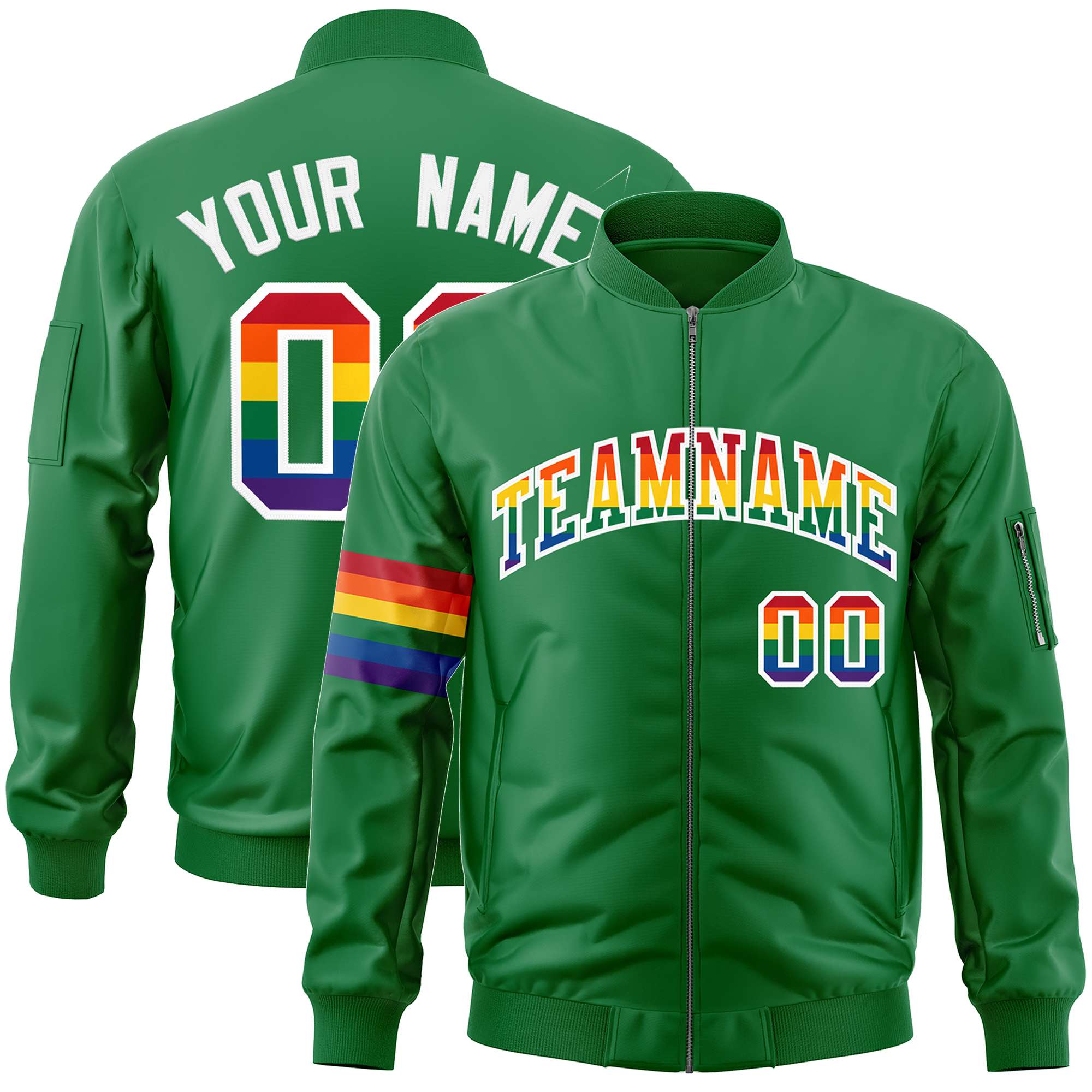 Custom Kelly Green LGBT Rainbow For Pride Month Classic Style Letterman Bomber Jacket