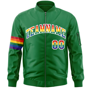 Custom Kelly Green LGBT Rainbow For Pride Month Classic Style Letterman Bomber Jacket