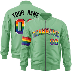 Custom Light Green LGBT Rainbow For Pride Month Classic Style Letterman Bomber Jacket