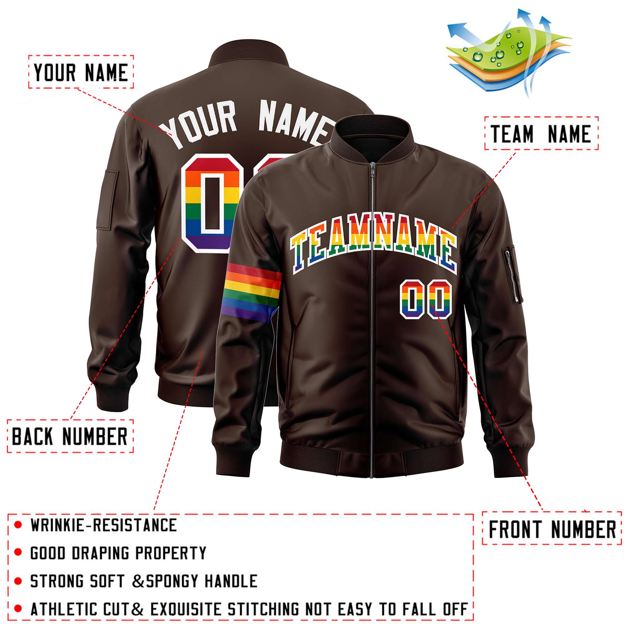 Custom Brown LGBT Rainbow For Pride Month Classic Style Letterman Bomber Jacket