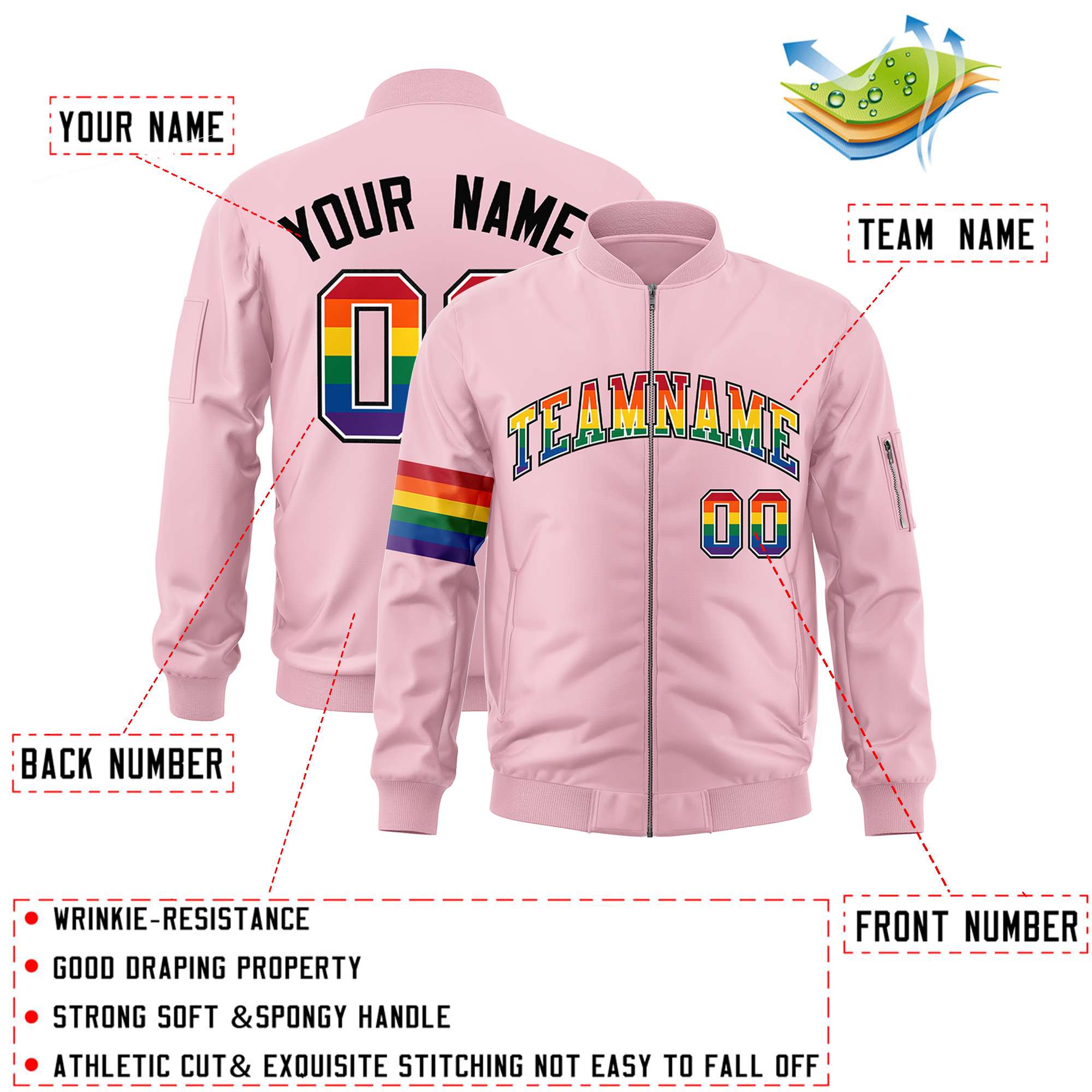 Custom Light Pink LGBT Rainbow For Pride Month Classic Style Letterman Bomber Jacket