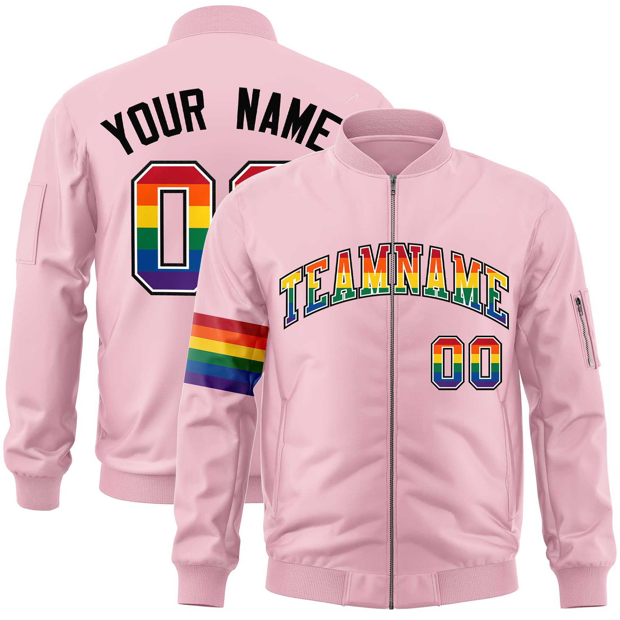 Custom Light Pink LGBT Rainbow For Pride Month Classic Style Letterman Bomber Jacket