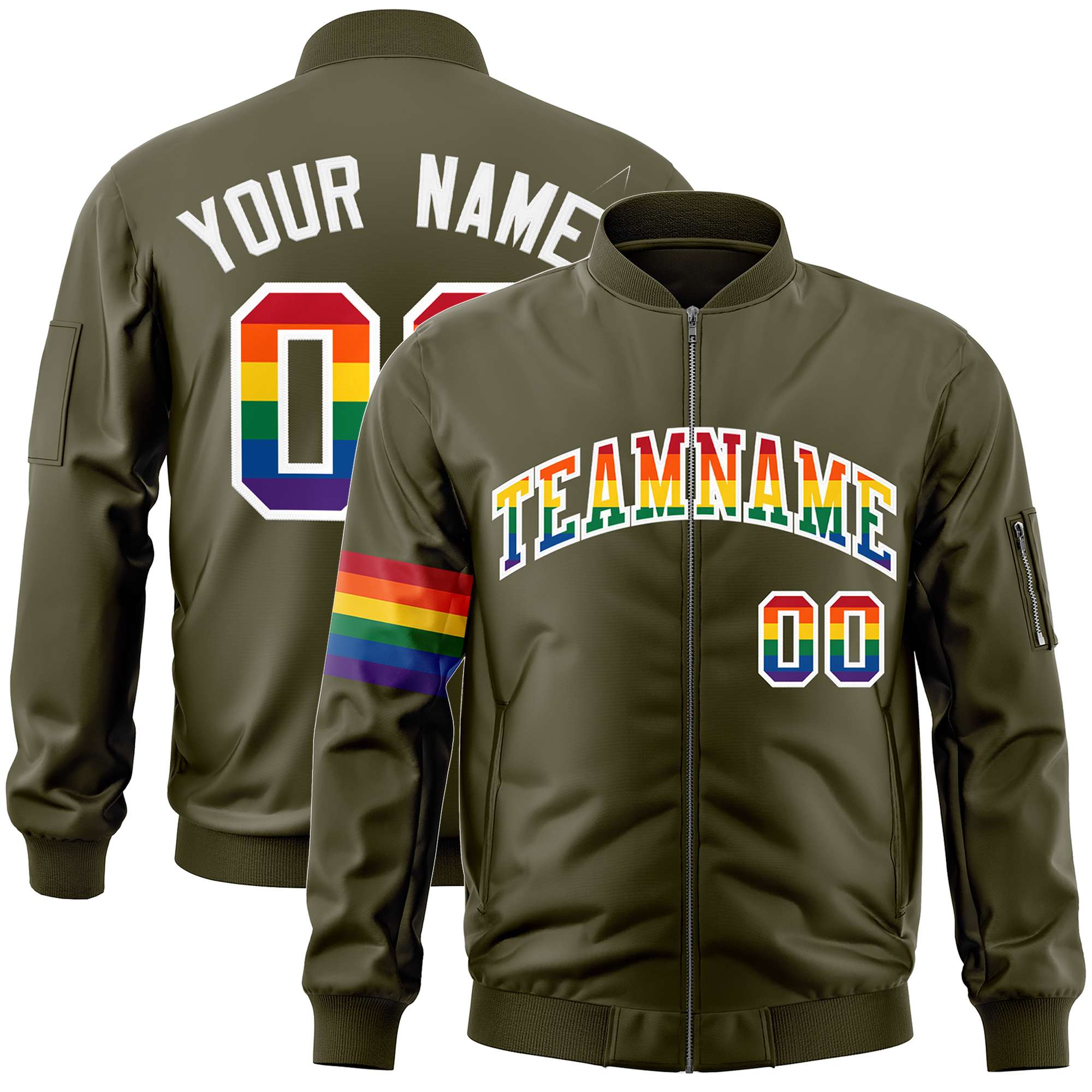 Custom Olive LGBT Rainbow For Pride Month Classic Style Letterman Bomber Jacket