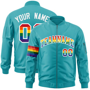 Custom Aqua LGBT Rainbow For Pride Month Classic Style Letterman Bomber Jacket