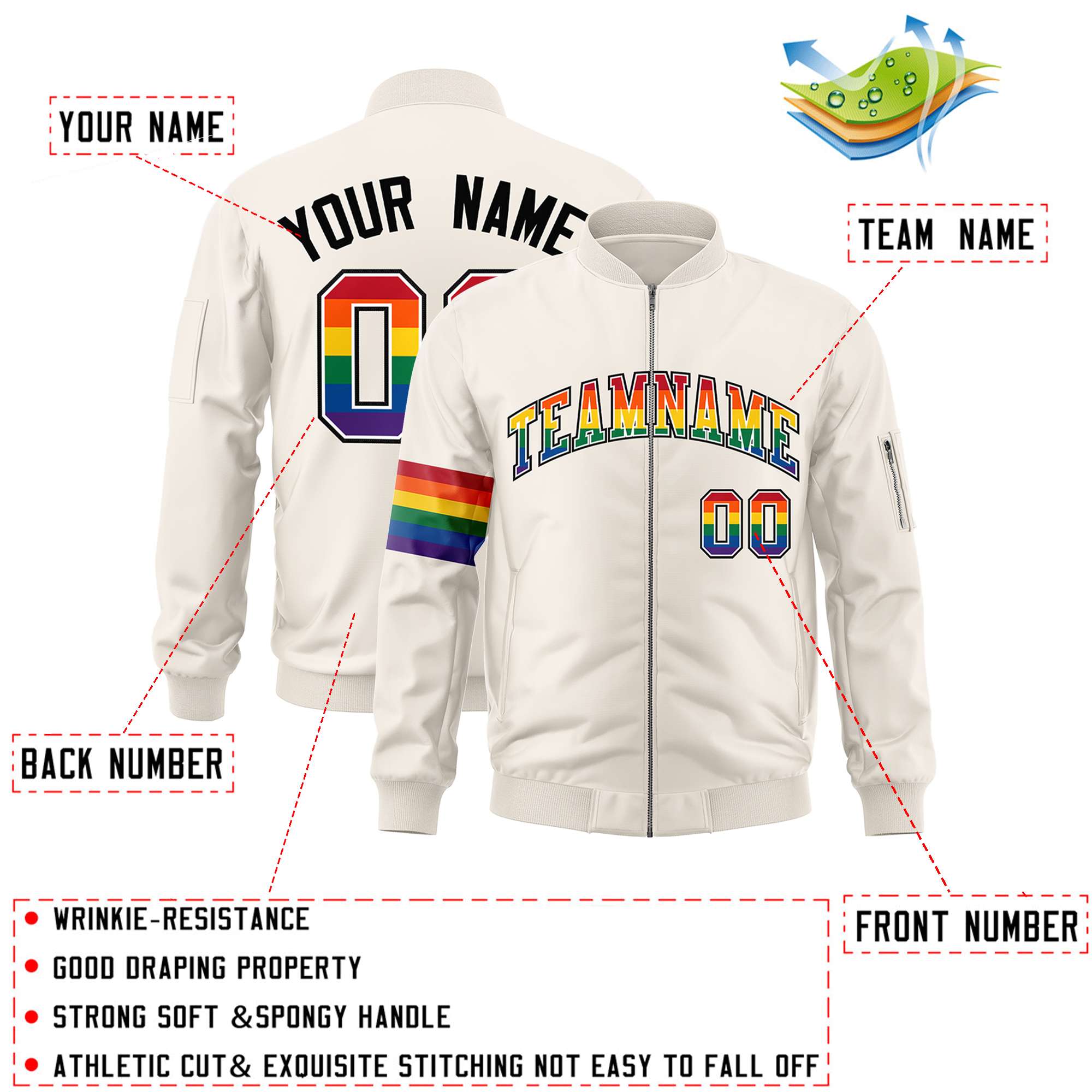 Custom Cream LGBT Rainbow For Pride Month Classic Style Letterman Bomber Jacket